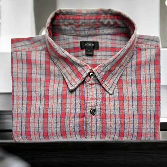 J Crew Gray Red Plaid Mid Weight Flannel Button Down Shirt - Picture 1 of 10